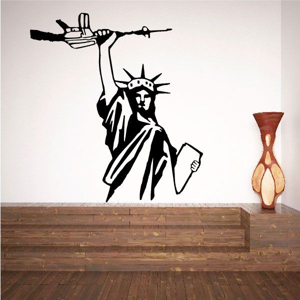 Black vinyl wall decal of Statue of Liberty holding an AK-47 rifle
