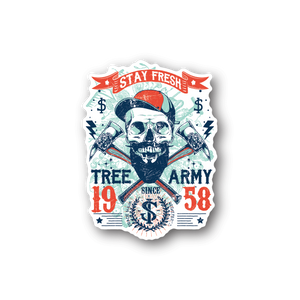 Vinyl sticker with skull and tree army emblem, crossed rifles in red/white/blue
