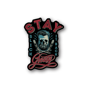 Vinyl sticker with skull, Stay Greasy script, and barber-themed icons