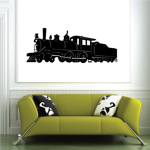 Steam engine and coal car decal, black silhouette on white