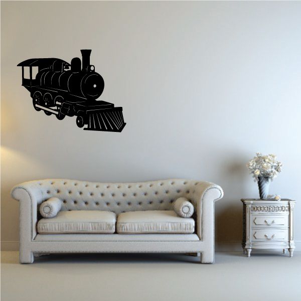 Steam locomotive wall decal with cow catcher, black silhouette