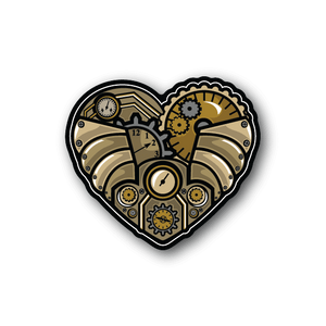 Heart-shaped vinyl sticker with clockwork gears and metal accents in gold and black