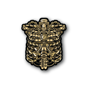 Steam punk rib cage vinyl sticker with gold mechanical gears and central sword