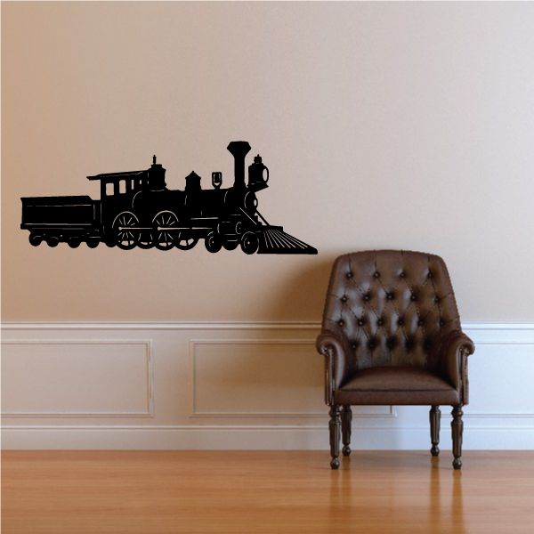 Steam train wall decal with cow catcher, black silhouette