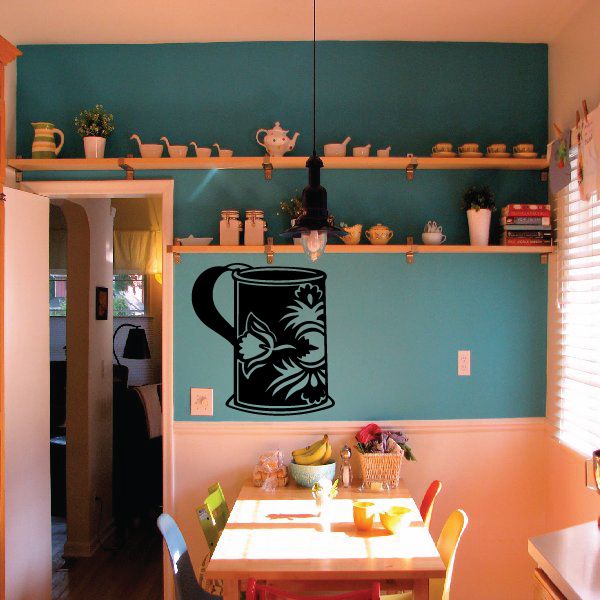 Black watering can and flower decal wall sticker with decorative outline