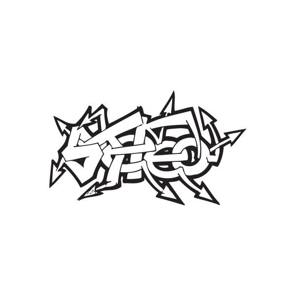 Graffiti-style decal with black and white tag lettering and shapes