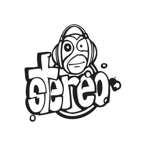 Stereo headphones decal with bold white cartoon face and black outline