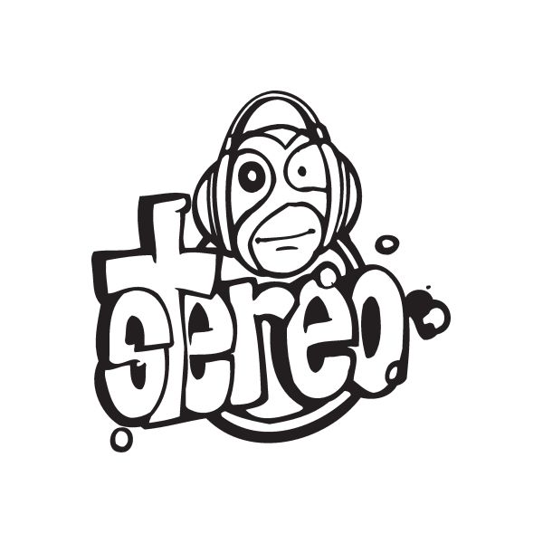 Stereo headphones decal with bold white cartoon face and black outline