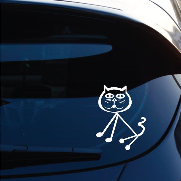White wide-eyes cat stick-figure decal with whiskers and music-note symbols
