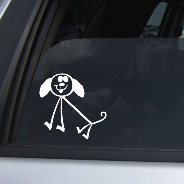 White wide-eyed stick-figure dog decal on a window