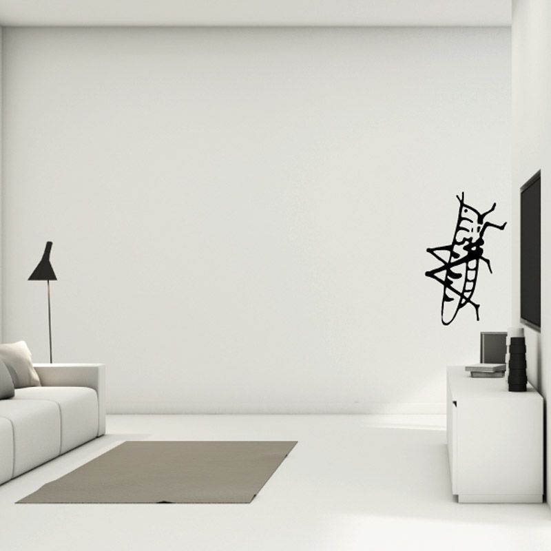 Black line-art grasshopper wall decal with abstract seated pose
