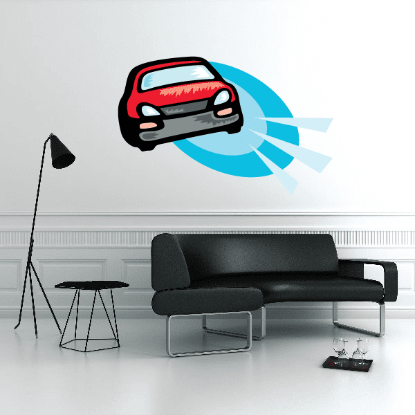 Stock car alert sticker with cartoon race car and blue burst rays