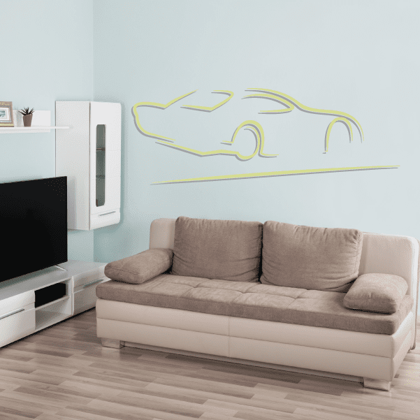 Stock car on track line drawing wall sticker, yellow outline with curved track lines