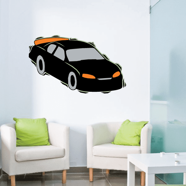 Race car rumble sticker, black and orange cartoon car with orange wheels
