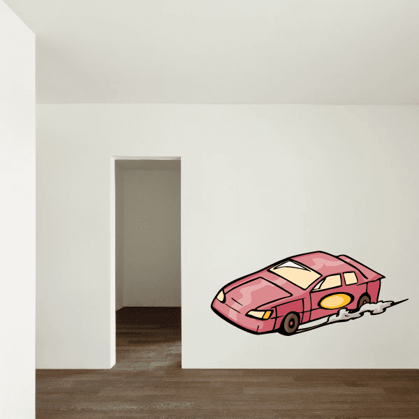 Pink stock car smoking sticker with stylized exhaust smoke lines