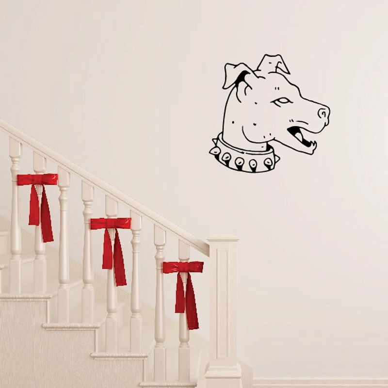 Dog head decal with bow and collar, black line art