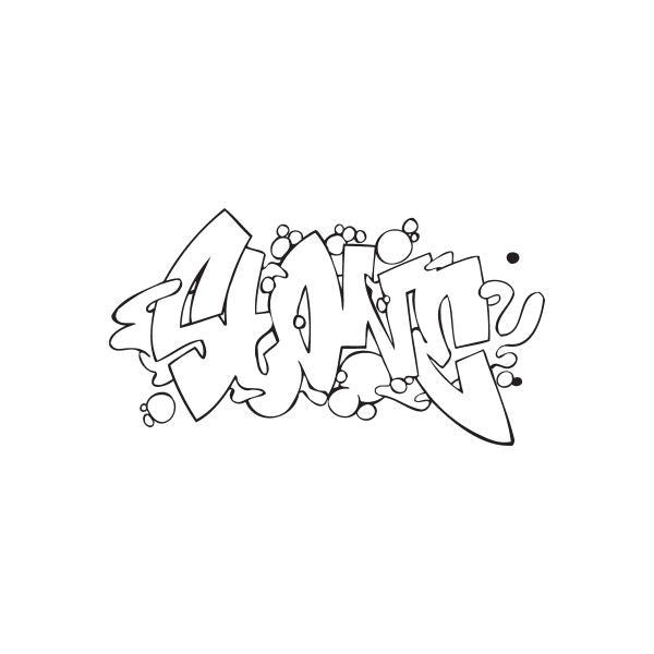 Graffiti-style stone decal with black outline and abstract tag lettering