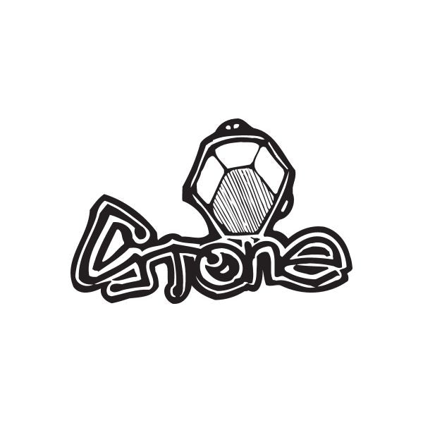 Graffiti-style stone decal with outlined soccer ball and curved text shapes in black