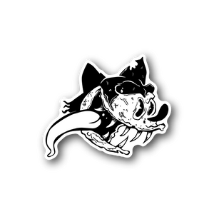 Vinyl cat sticker with bold outline, black cat face and paw reaching