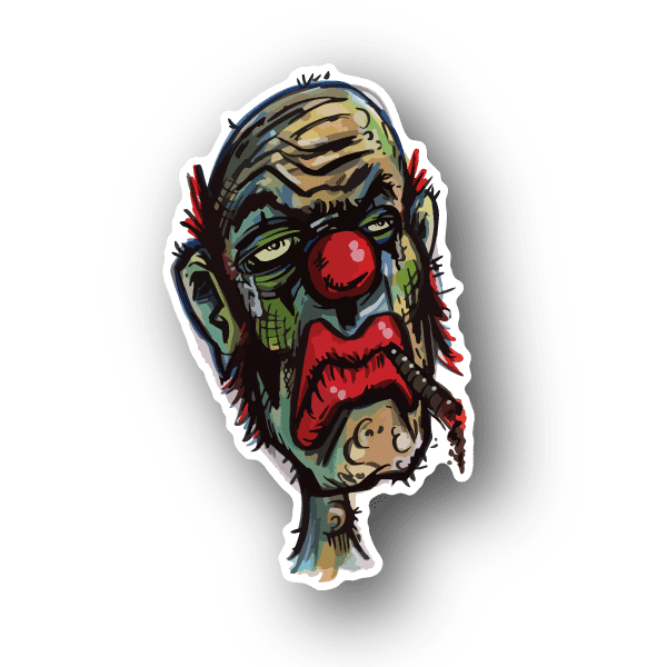 Stoned clown vinyl sticker of a green-faced clown with red nose and red makeup