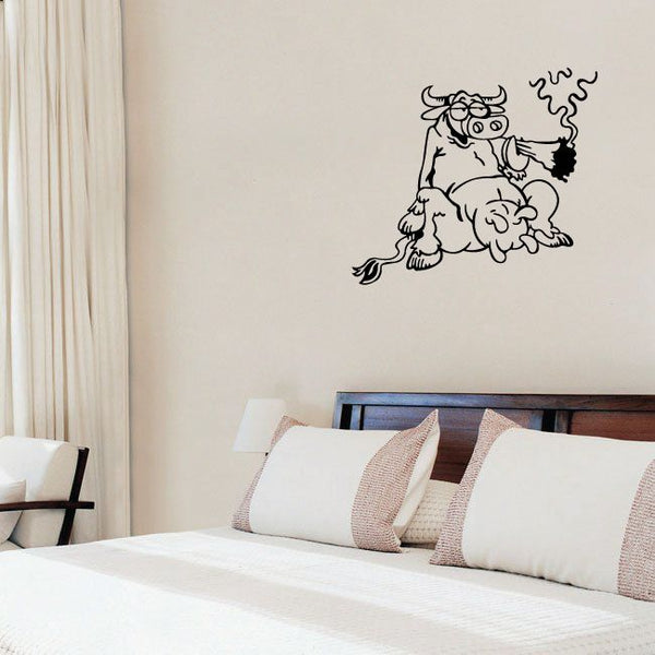 Stoned cow decal with black cartoon line art, whimsical pose