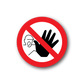 Stop sticker with red circle, diagonal slash, and a hand icon inside