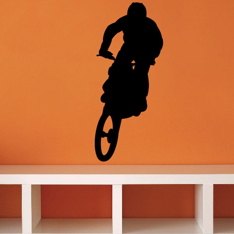 Dirt bike decal with black rider silhouette and front wheel