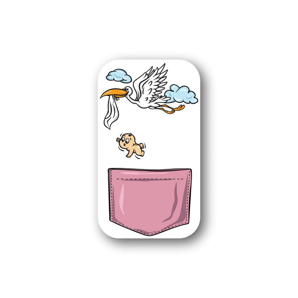 Vinyl sticker depicting stork carrying baby girl with clouds and pink pocket