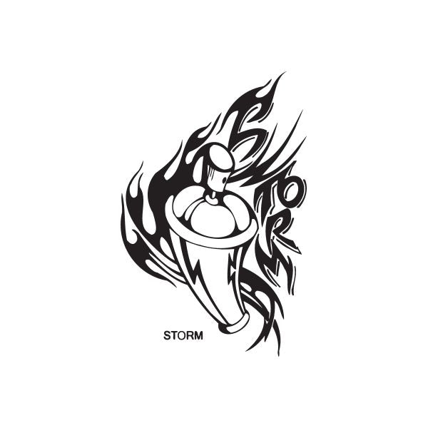 Storm graffiti decal with bold black tribal mascot and flame-style wings; STORM text.