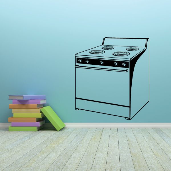 Stove top oven decal featuring an illustrated black range stove with burners