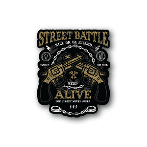 Street battle vinyl sticker with black background, gold lettering, and masked soldier graphic