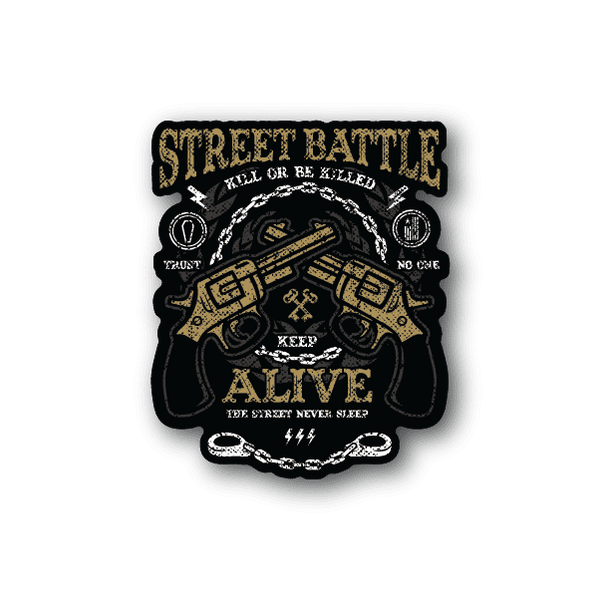 Street battle vinyl sticker with black background, gold lettering, and masked soldier graphic