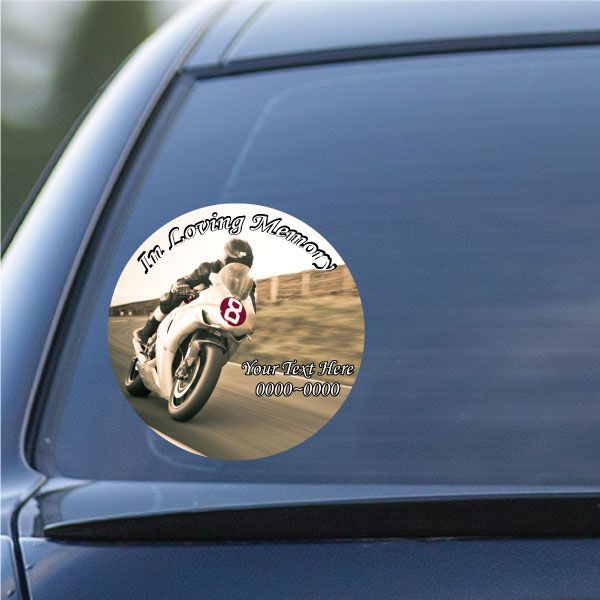 Custom circle motorcycle memorial sticker with rider photo and placeholder text