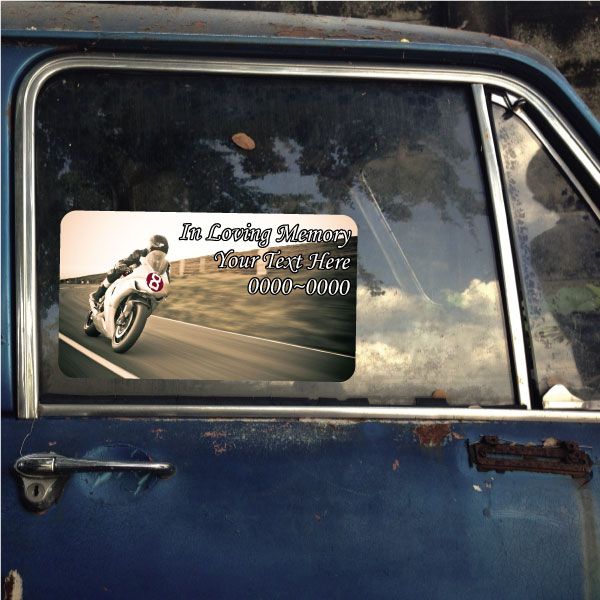 Rounded rectangle custom sticker with motorcycle and “In Loving Memory” text