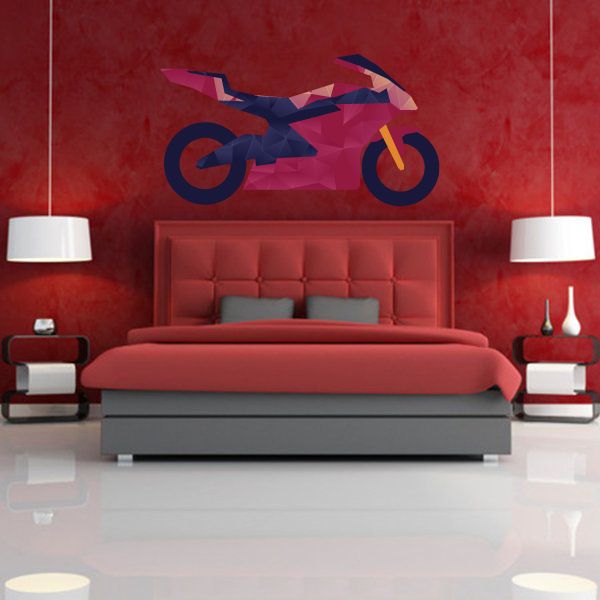 Colorful origami-style bicycle wall sticker decal with blue and pink wheels