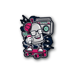 Vinyl sticker of cartoon robot skater with pink accents and cassette boombox.