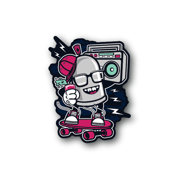 Vinyl sticker of cartoon robot skater with pink accents and cassette boombox.
