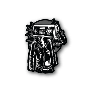 Street gamer vinyl sticker with monochrome graphic of a man in jacket holding console