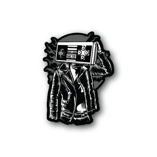 Street gamer vinyl sticker with monochrome graphic of a man in jacket holding console