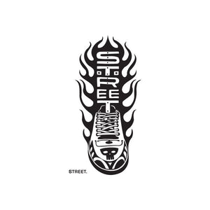 Flame sneaker street graffiti decal, black-and-white with small “STREET.” text