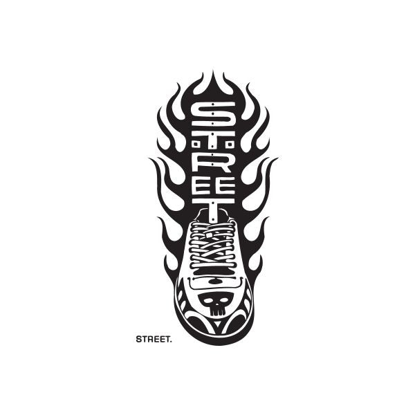 Flame sneaker street graffiti decal, black-and-white with small “STREET.” text