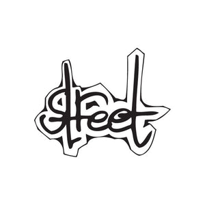 Graffiti street decal with stylized black lettering and outlines