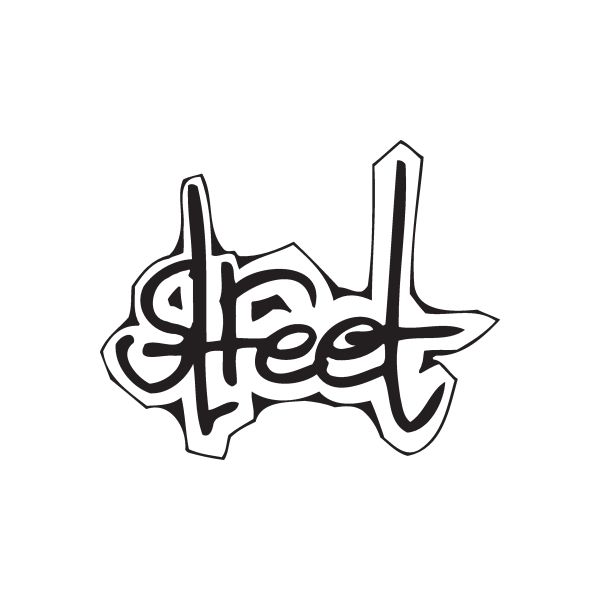 Graffiti street decal with stylized black lettering and outlines