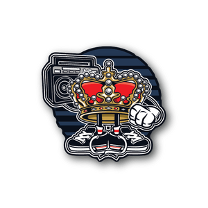 Vinyl sticker of cartoon king with crown, blue shield and red details