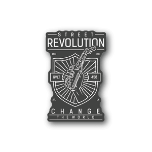 Vinyl sticker with Street Revolution logo and Change the World text, shield design
