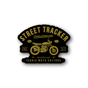 Motorcycle vinyl sticker with gold Street Tracker text and centered motorcycle graphic