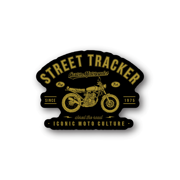 Motorcycle vinyl sticker with gold Street Tracker text and centered motorcycle graphic