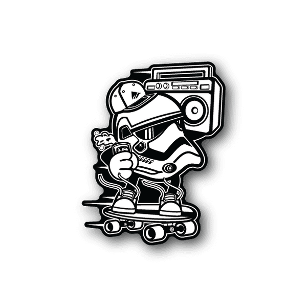 Vinyl sticker of a street trooper character on roller skates, black-and-white outline