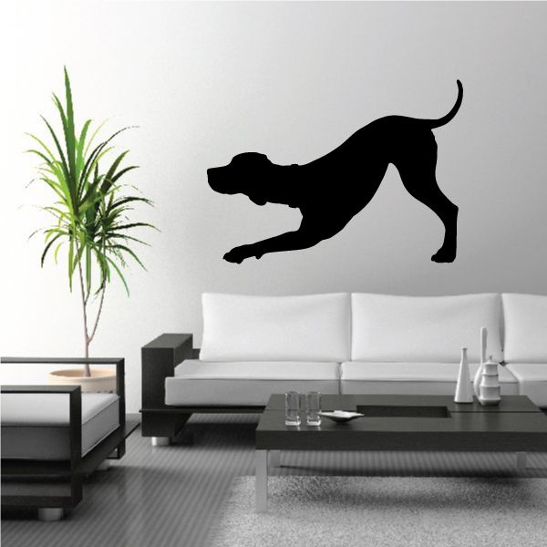 Stretching coonhound decal, black dog silhouette stretching to the right