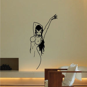 Devil girl wall decal with long hair, horns, and arms raised in black outline